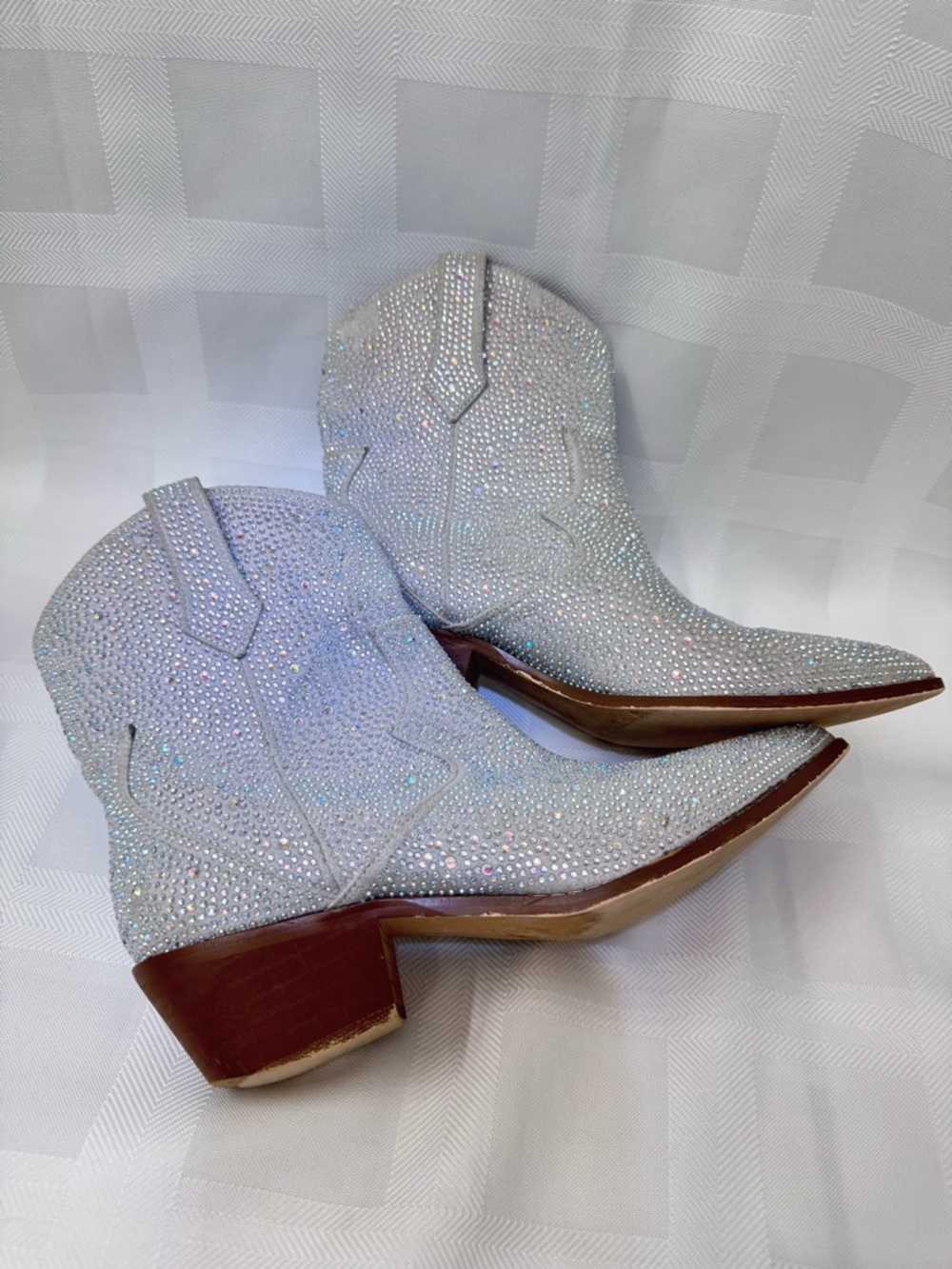 Crystal Silver Iridescent Rhinestone Western Slip On Ankle Boots - Women